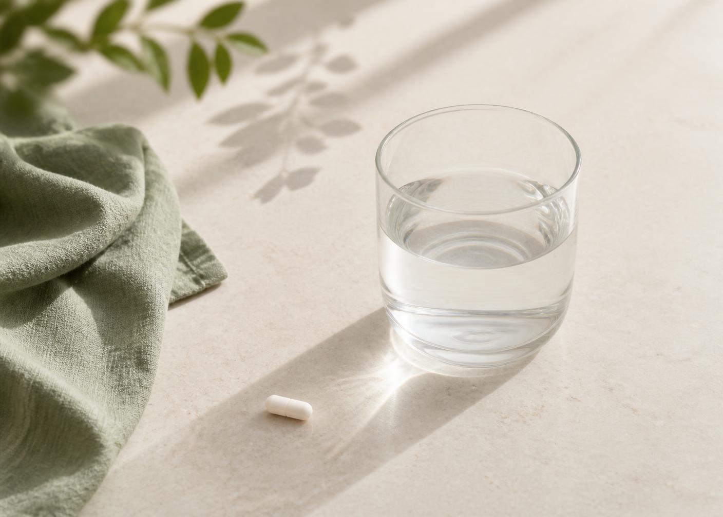 A single plain capsule beside a glass of water on a cream stone counter in morning light