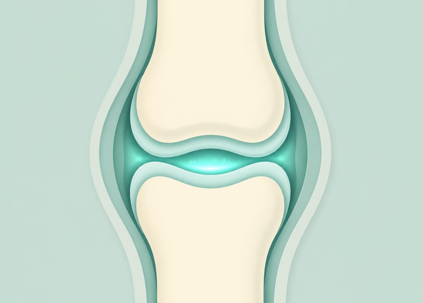 Stylised cross-section illustration of a cushioned joint with a glowing fluid layer between two bone forms