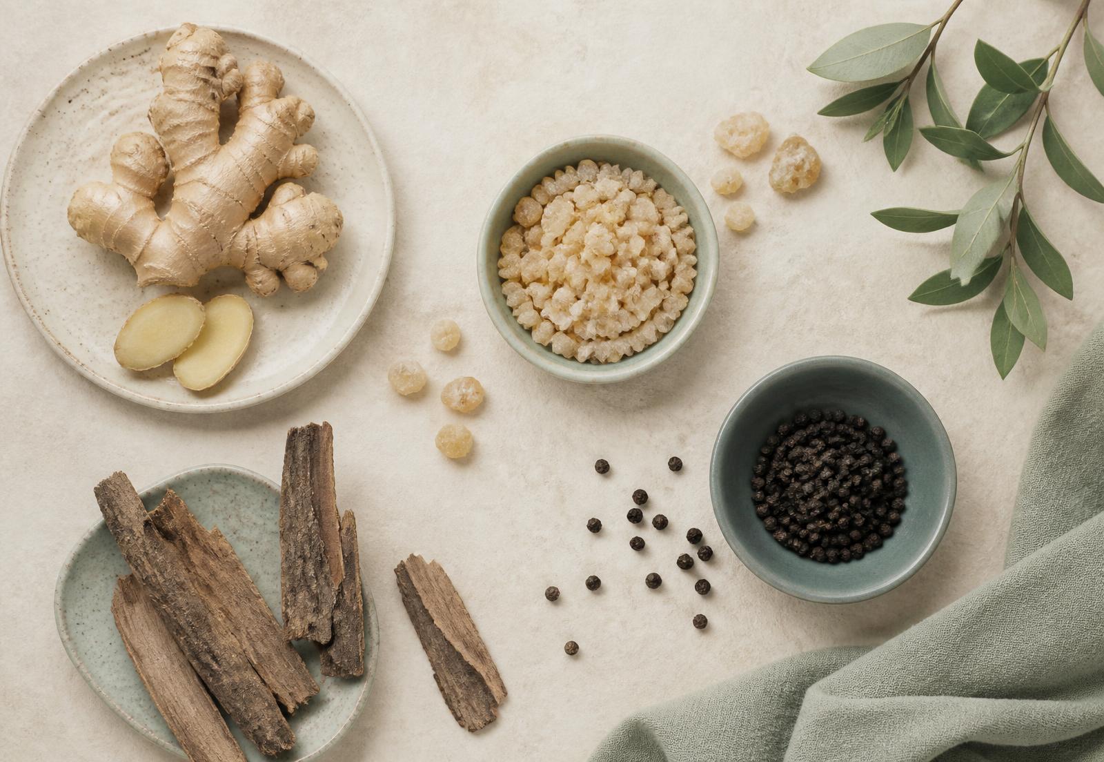 Flat lay of ginger root, boswellia resin, pine bark strips and black peppercorns on a cream stone surface